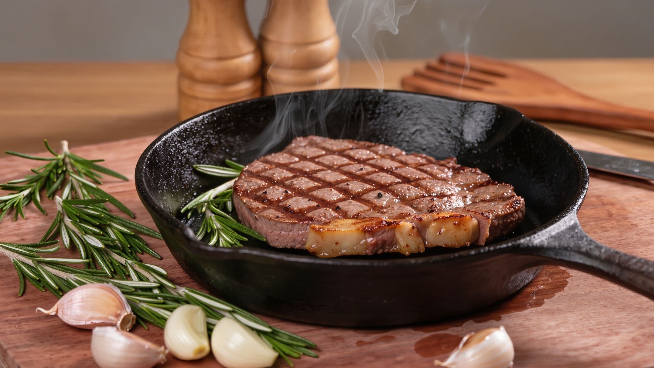 Steak searing in a cast-iron pan with rosemary and garlic, showing a golden brown crust.